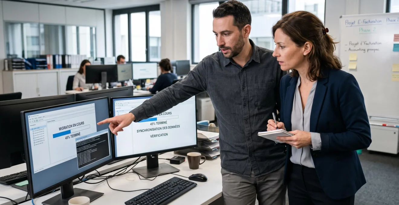 IT specialist and administrative manager supervising electronic invoicing platform data migration process