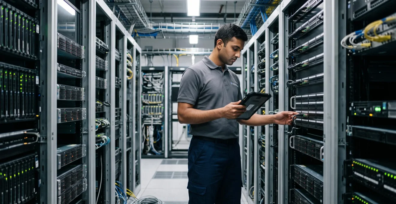 IT technician inspecting server infrastructure and checking technical compatibility in company server room