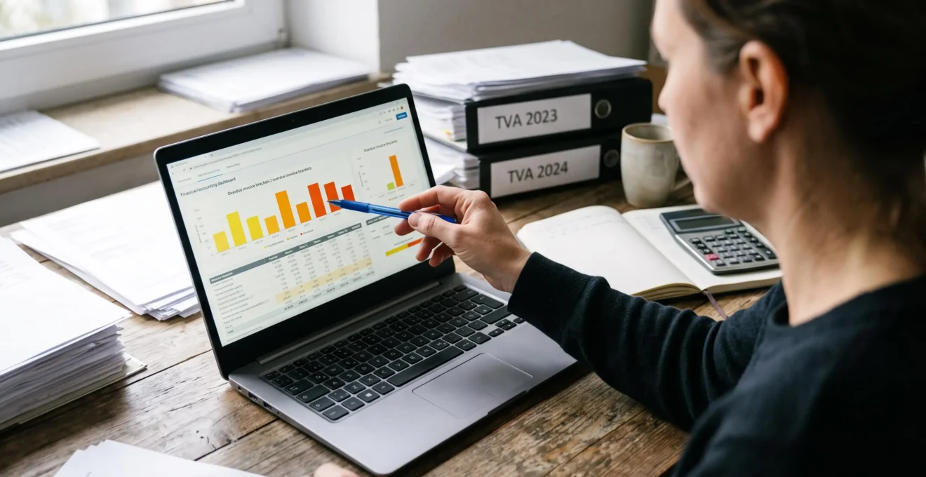 Une comptable examine les tranches de retard des factures sur un tableau de bord.