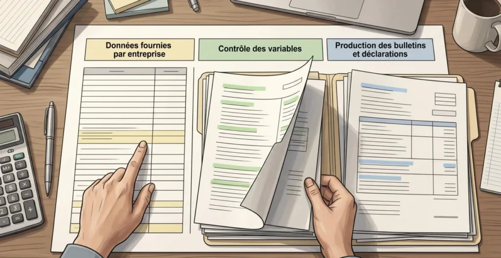 Une gestionnaire verifie un dossier de variables de paie avec trois colonnes de responsabilites neutres. Une gestionnaire verifie un dossier de variables de paie avec trois colonnes de responsabilites neutres.